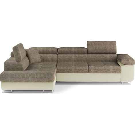 Canapé d'angle convertible MENTON beige et marron bouclé – Angle gauche avec coffre