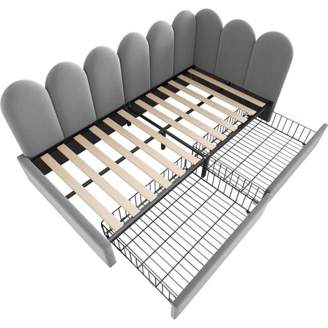CAIziLit rembourré simple avec tiroirs, lit de rangement en velours, lit de jour, canapé-lit 90x200 cm avec sommier à lattes, lit pour jeunes et adultes, lit d’enfant, gris (sans matelas) (1/5)