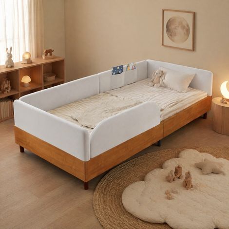 MEUBLIV Cama infantil 90x200 cm blanca – estructura acolchada con 2 bolsillos, sin colchón (1/5)
