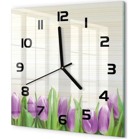 Horloge Murale Carrée Salon en Verre Trempé Silencieuse Moderne et Élégante Tulipes violettes 30x30 cm (1/5)