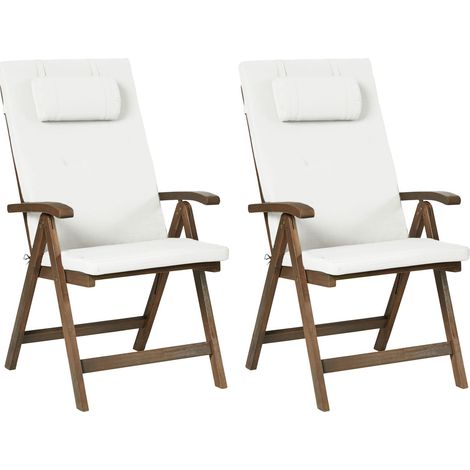 Lot de 2 Chaises de Jardin Rustique en Bois d'Acacia Pliables et Réglables avec Accoudoirs et Coussins Blanc Cassé Amantea Premium