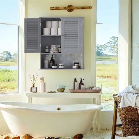 Meuble Mural, pour Salle de Bains, avec Étagère Réglable, Double Porte et Étagère Ouverte, 20 x 60 x 70 cm, Gris (1/5)
