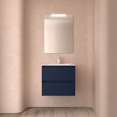 Meubles de salle de bains NOJA 700 2 tiroirs BLUE SATIN + plan vasque + miroir (1/2)