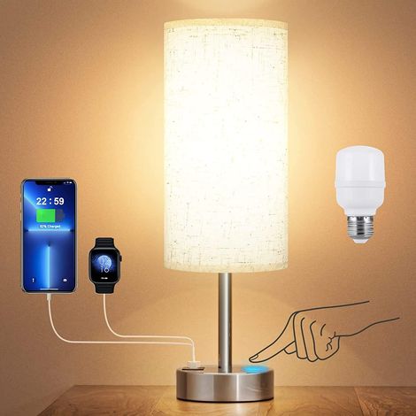 ZOLGINAH Lámpara de noche táctil con puertos de carga tipo C + USB-A, regulable de 3 vías, bombilla incluida, base de metal con pantalla de lino blanco, lámpara de escritorio moderna para dormitorio d (1/5)