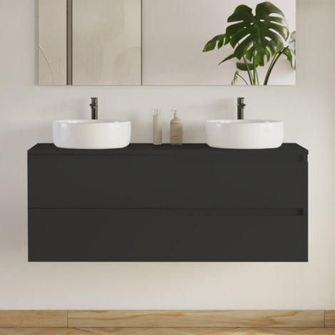 Meuble de salle de bain 120cm avec plateau et 2 vasques à poser Ares - 2 tiroirs - sans miroir - noir - LUNA (1/5)