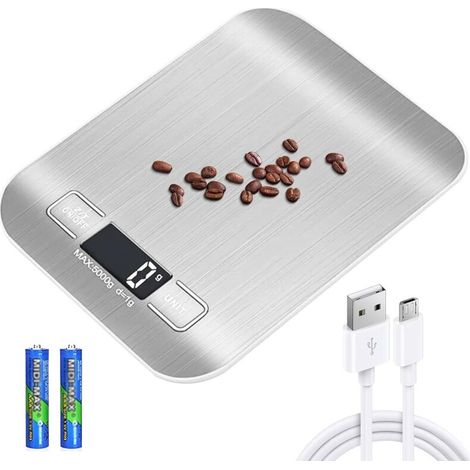 Digital kitchen scale - 10 kg/1 g - USB rechargeable - With LCD screen and tare function - With battery charging cable - Silver white (1/5)