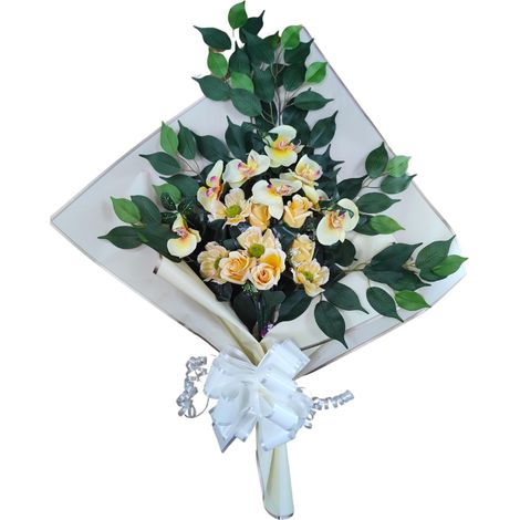 Bouquet de Fleurs artificielles pour cimetière avec Vase à Mettre dans Le Pot du Vase 78 x 63 x 20 cm (Jaune orchidées) (1/5)