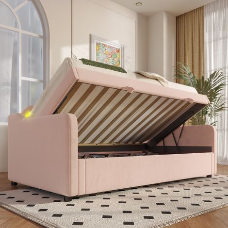 Daybettt, Tagesbett mit ausziehbarem Bett,Schlafsofa, Einzelbett(Ohne Matratze), Samt, farbwechselndes Umgebungslicht, Fernbedienung,minimalistisches Styling