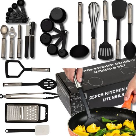 SET DI 25 ACCESSORI DA CUCINA: PELAPATATE, GRATTUGIATORE, CUCCHIAI DOSATORI