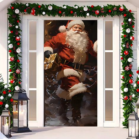 Rideau de porte de Noël 2026, bannière extérieure avec fond photo Père Noël et chien, tissu à suspendre - 90 x 180 cm (œillets + ruban) - 50