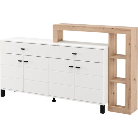 Kommode Chefch, Anrichte mit 7 Fächern, 2 Schubladen, 4 Türen, 183x35x101h cm Weiß