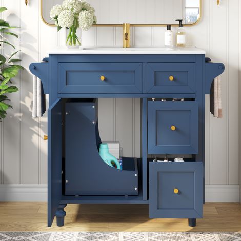 Lavabo mural salle de bain 2-en-1 avec tabouret intégré, vasque en céramique brillante, verre texturé & poignées dorées, meuble sous vasque design