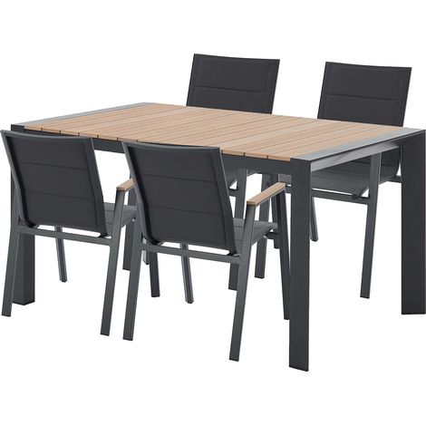 Sala da pranzo da giardino in alluminio: un tavolo L.150 cm e 4 poltrone impilabili Naturale chiaro e antracite - LIOUS di MYLIA