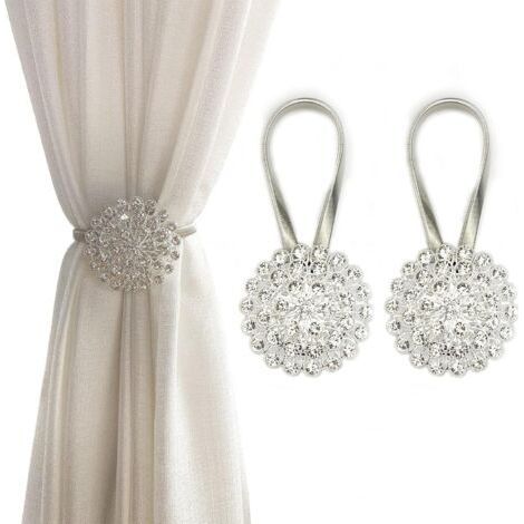 Magnetic Curtain Tiebacks, 2 Pack Sparkling Crystal Flower Curtain Tiebacks Curtain Buckle Clips (White) (1/4)