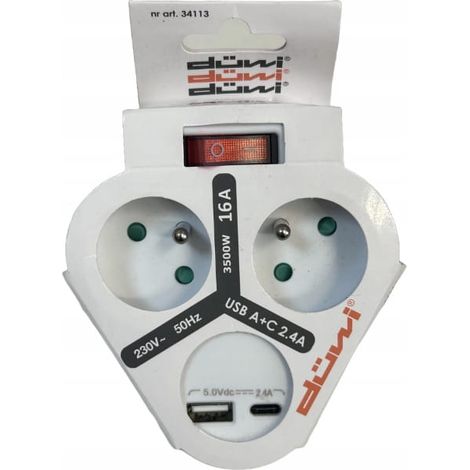 Multiprise avec interrupteur et terre 2x2P+Z + USB type A et C (1/2)