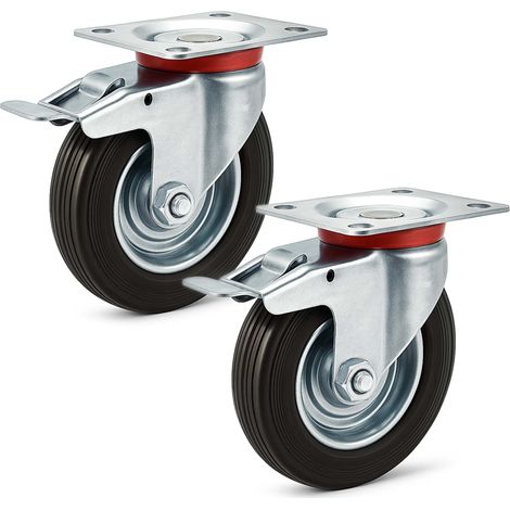 Wiltec Jeu 2x Roulette pivotante Blocage double – Ø 125 mm – Capacité 100 kg – en Caoutchouc – Roue avec Frein et Plaque de montage – Transport Appareil Accessoire Meuble – Usage silencieux sans trace