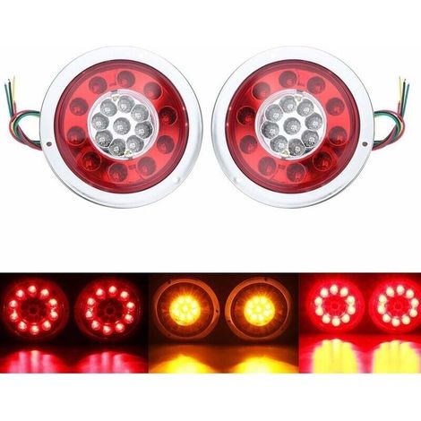Set of 2 round 19 LED taillights - Amber red - For truck, trailer, lorry - Flashing - 10-30V - Silver-LIAIKI