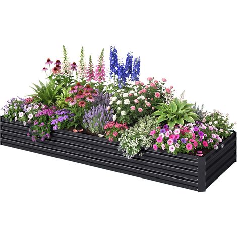 Carré potager de jardin rectangulaire, jardinière extérieure, 241 x 90.5 x 30 cm, tôle d'acier ondulée, noir, pour potager, culture facile (1/5)