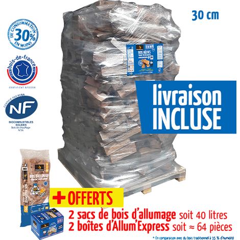 Bois de chauffage haute performance – Ballot 2000 dm3 – Bûches 30cm 100% feuillus durs – Humidité < 20% – 2 sacs allumage offerts – Woodstock (1/4)