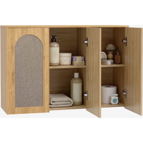 Armoire murale de salle de bain - HOMCOM - 3 portes effet rotin à fermeture douce et étagère réglable - bois - 88,5x30x60cm - chêne (1/5)