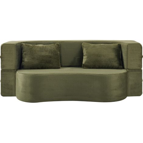 Sofá cama futón plegable 2 en 1 verde, espuma de alta densidad, sin montaje, con 2 cojines (1/5)