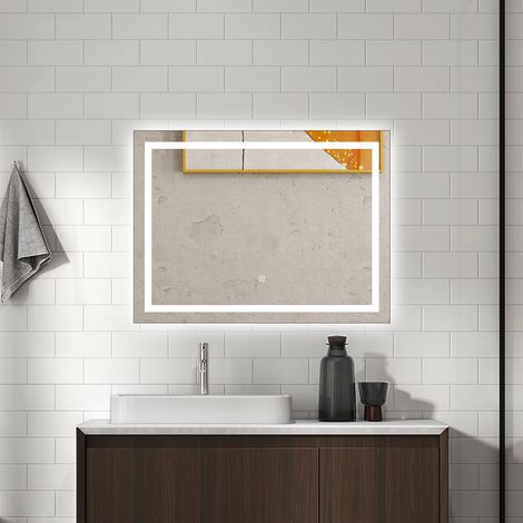 AICA Specchio da bagno rettangolare 80x60 cm con Luce LED,Antiappannamento, Luminosità Regolabile, Funzione Memoria, IP44 (1/5)