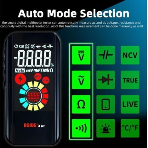 NALOOKAMIC BSIDE A10 Mini Multimètre Numérique Rechargeable Grand LCD Couleur 6000 Comptes Testeur Automatique de Tension Résistance et Continuité, Testeur Capacité Diode NCV avec Bip Sonore Lampe de 