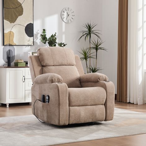 Fauteuil relax électrique pivotant 360° clair avec massage chauffant, dossier et repose-pieds réglables, poches latérales et porte-gobelet , Kaki