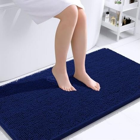 Tapis de bain en chenille extra douce et absorbante, 114 x 69 cm, envers en caoutchouc, séchage rapide et lavable en machine, bleu marine