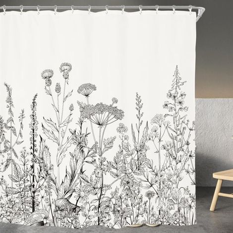 180 x 180 cm großer Duschvorhang in Schwarz-Weiß, schimmelresistent, extra lang, mit Blumenmuster (1/4)