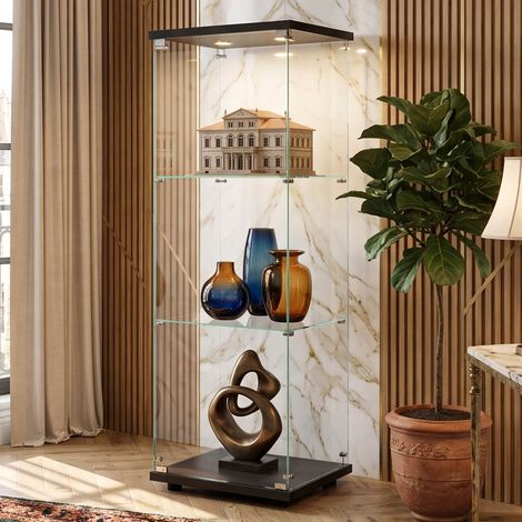 Creahappy Vitrine en Verre Trempé 125 cm à 3 Niveaux - Meuble d'Exposition avec Serrure à Clé pour Salon Bureau - Noir (1/5)