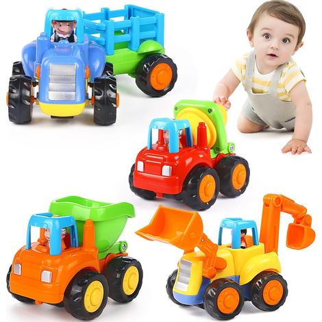 Ensemble de 4 véhicules de chantier à friction (tracteur, bulldozer, camion-benne, bétonnière) - Cadeau éducatif pour les tout-petits (garçons et filles). (1/5)