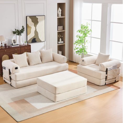 Sofá modular de pana beige con puff, estructura metálica, bolsillo lateral y 3 cojines,200x190x67 cm (1/5)