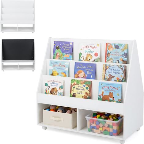 COSTWAY Bibliothèque Enfant Montessori à 3 Niveaux avec Tableau Noir et 5 Roues, Étagère à Livres Mobile avec 2 Compartiments Ouverts, Meuble Rangement Jouet pour Chambre Salle de Jeux (Blanc) (1/5)