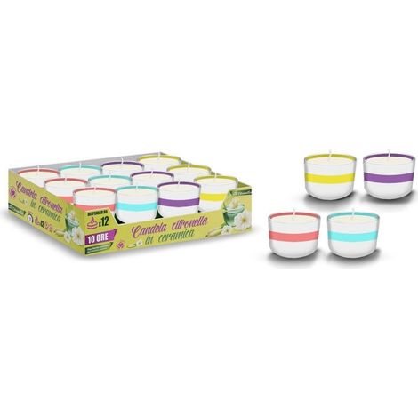 Trade Shop - SET 12PZ CANDELA CITRONELLA 90GR IN CERAMICA CON RIGA COLORATA REPELLENTE INSETTI 032640 -