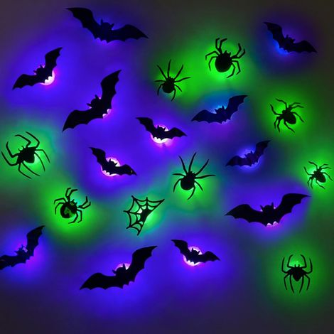 Set di 21 decorazioni di Halloween – Luci a LED 3D a forma di pipistrello, 12 luci viola a forma di pipistrello + 9 luci verdi a forma di ragno – Adesivi murali di Halloween, decorazioni per finestre (1/5)