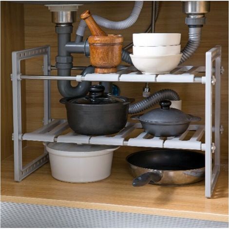 Estante de almacenamiento bajo el fregadero - Acero inoxidable y plástico PP - Organizador extensible - Estante de almacenamiento extensible con 8 paneles extraíbles - Gris