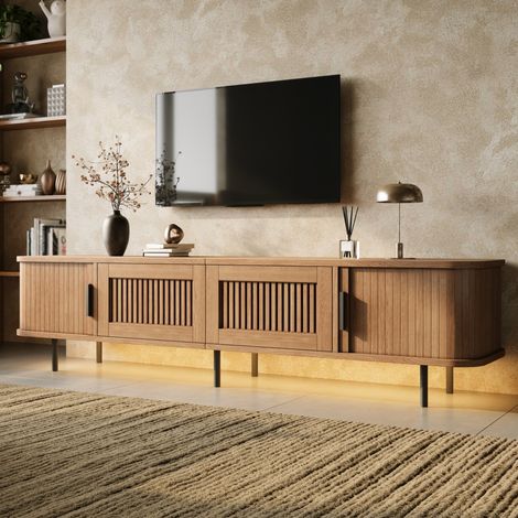 Meuble TV bas 180x40x44,5 cm en MDF et PB naturel avec LED, pour petit salon – MEUBLIV (1/5)