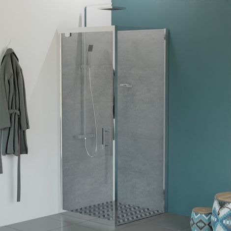 Cuisibane – Porte de douche d'angle 80x80 cm avec retour fixe – Verre trempé anticalcaire – Hauteur 190 cm – Système Stop Water pour étanchéité (1/3)