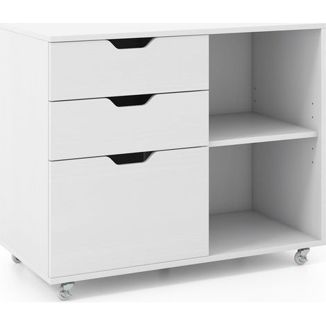 COSTWAY Cassettiera Ufficio, Mobiletto Rimovibili in Legno con 3 Cassetti Regolabili, 2 Scomparti e Ruote con Freno, Credenza Multiuso per Soggirno e Ingresso (Bianco) (1/2)