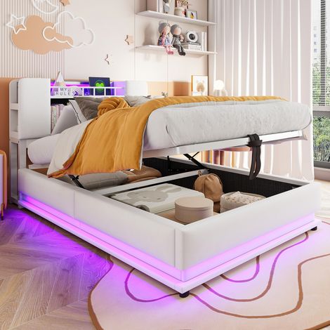 Lit intelligent rembourré enfant 90×200 cm beige velours,éclairage LED,port USB,rangement hydraulique,housse douce,cadre métallique sécurisé (1/5)