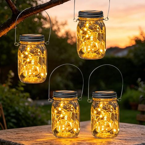 4er-Set Solarleuchten für den Außenbereich – 20 LED-Solarleuchten im Einmachglas-Design – Wasserdichte Solarlaternen – Hängende Solarleuchten für Garten, Terrasse, Balkon, Partys und Außendekoration (1/5)