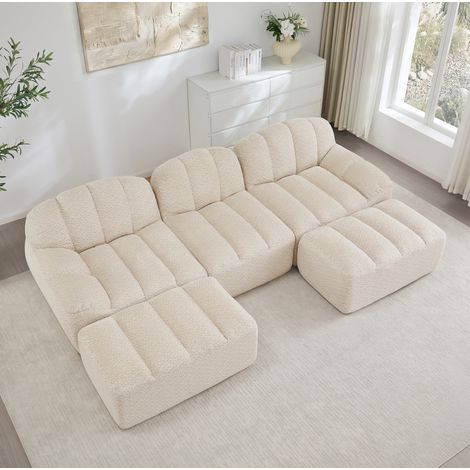 Modulares U-förmiges Sofa mit 2 Ottomans, 3-Sitzer, 32D Hochdichtschaum, Beige Weiß HAVRYA (1/5)