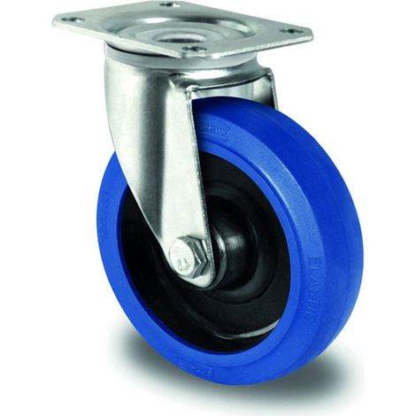 Roue industrielle 100 mm caoutchouc élastique bleu avec plaque (1/2)