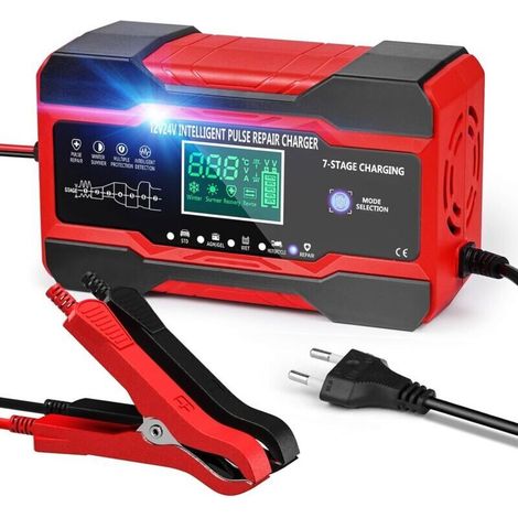 Chargeur de Batterie Voiture 10 A 12 V/24 V Chargeur pour Auto Moto Intelligent avec Écran LCD Tactile et 5 Modes Réparation Automatique Rouge (1/4)