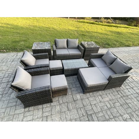 Fimous Garden Furniture Sets 10 Pieces Outdoor Rattan Furniture Manual Wicker Patio Sofa Chair Set with Coffee Table 3 Footstools 2 Side Tables Dark Grey Mixed (1/5)