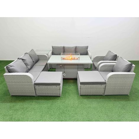 Fimous PE Rattan High Back Lounge Sofa Set Patio Firepit Dining Table & Chairs Set with 3 Seater Sofa Reclining Chair 2 Big Footstool Side Table Light Grey (1/4)