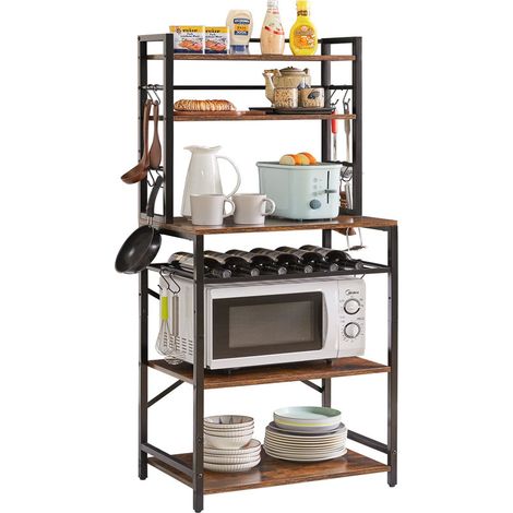 Kitchen Baker's Rack, Microwave Stand with Storage, Industrial Coffee Bar with Adjustable Wine Holders & 12 S-Hooks (1/5)
