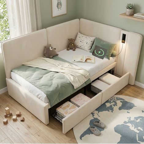 Cama dormitorio con cajones USB y lámpara beige OKMYHOME (1/5)