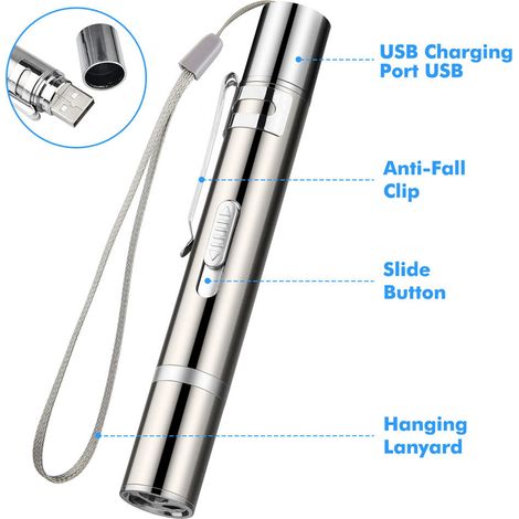 Stylo Laser Chat USB Rechargeable Acier Inox 3 Modes Lumière LED Rouge UV Blanche avec 2 Jouets Souris pour Félin Argent (1/2)